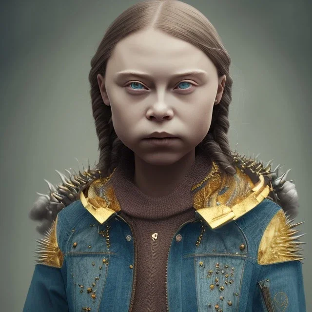  iron-ore mine Greta Thunberg Indigenous people in Swedenmedium shot portrait, a monstress, wearing a denim jacket, realistic face, soft, red spiked hairstyle, delicate, green square eyes, intricate gold details on face, cyberpunk, powerful, horror, sharp focus, octane render, post-processing, epic composition, elegant, studio lighting, fiona staples, mandy jurgens, david finch, guillermo del toro