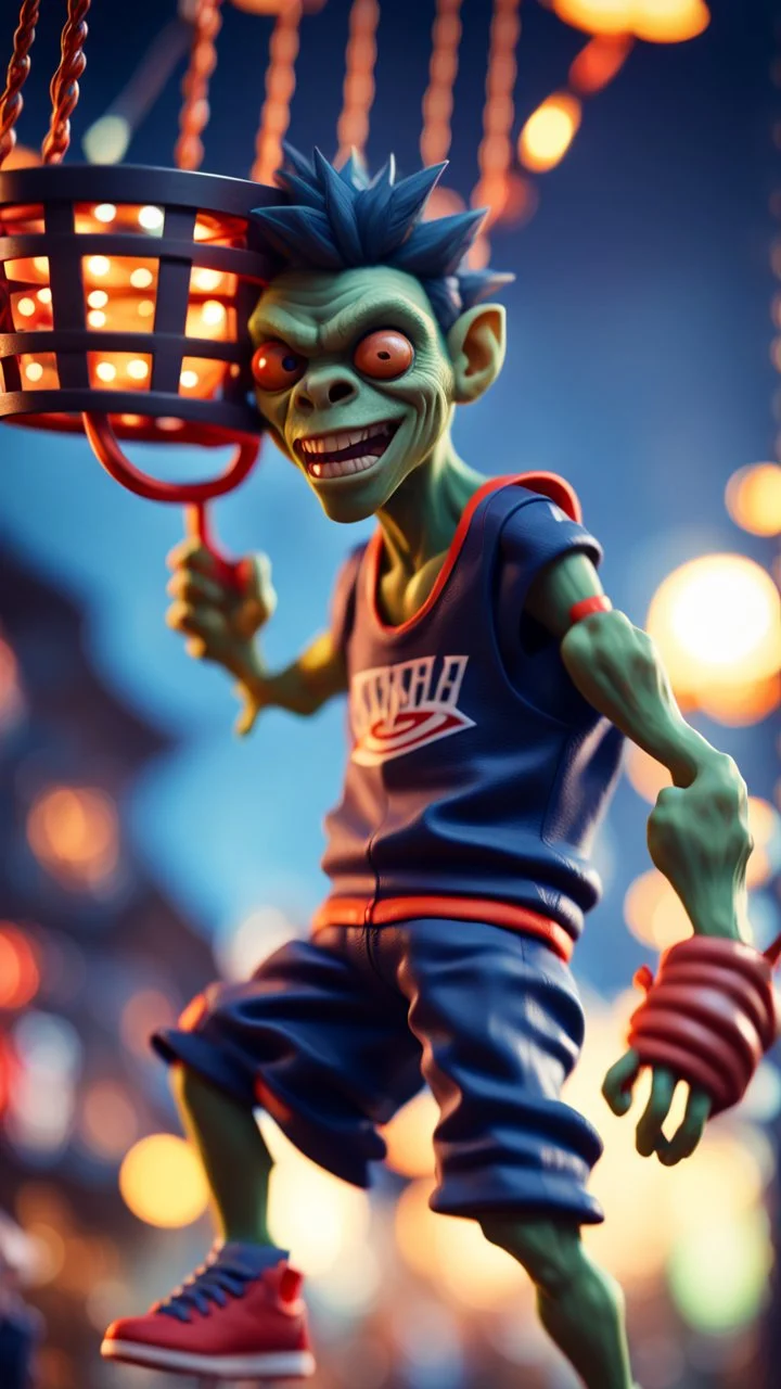 full figure portrait of a giant dunking basket player vampire goblin gremlin hanging , in the style of Gorillaz,bokeh like f/0.8, tilt-shift lens 8k, high detail, smooth render, down-light, unreal engine, prize winning