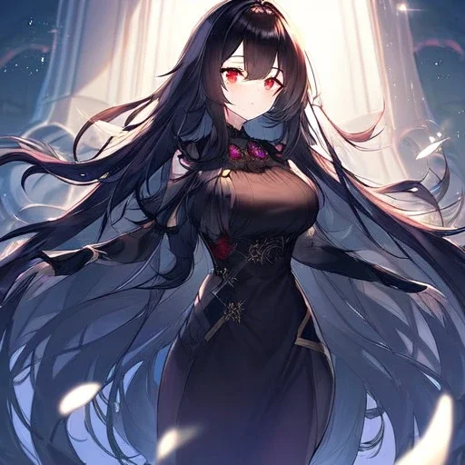 Clear focus, high resolution, black long fluffy hair, red eyes, wearing a detailed outfit