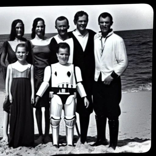 Creepy old family photo of star wars type people at the beach