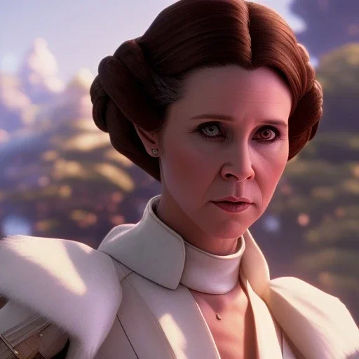 low angle beautiful half-body-portrait photo of princess leia from Star Wars played by Carrie Fisher, in the style of horizon zero dawn wlop, artgerm, akihiko yoshida, and liang xing, detailed face, doe eyes, intricate hair style, symmetrical eyes, trending on artstation, highly detailed, white dress, dynamic pose, intricate outfit, futuristic weapon, space ship and galaxy background