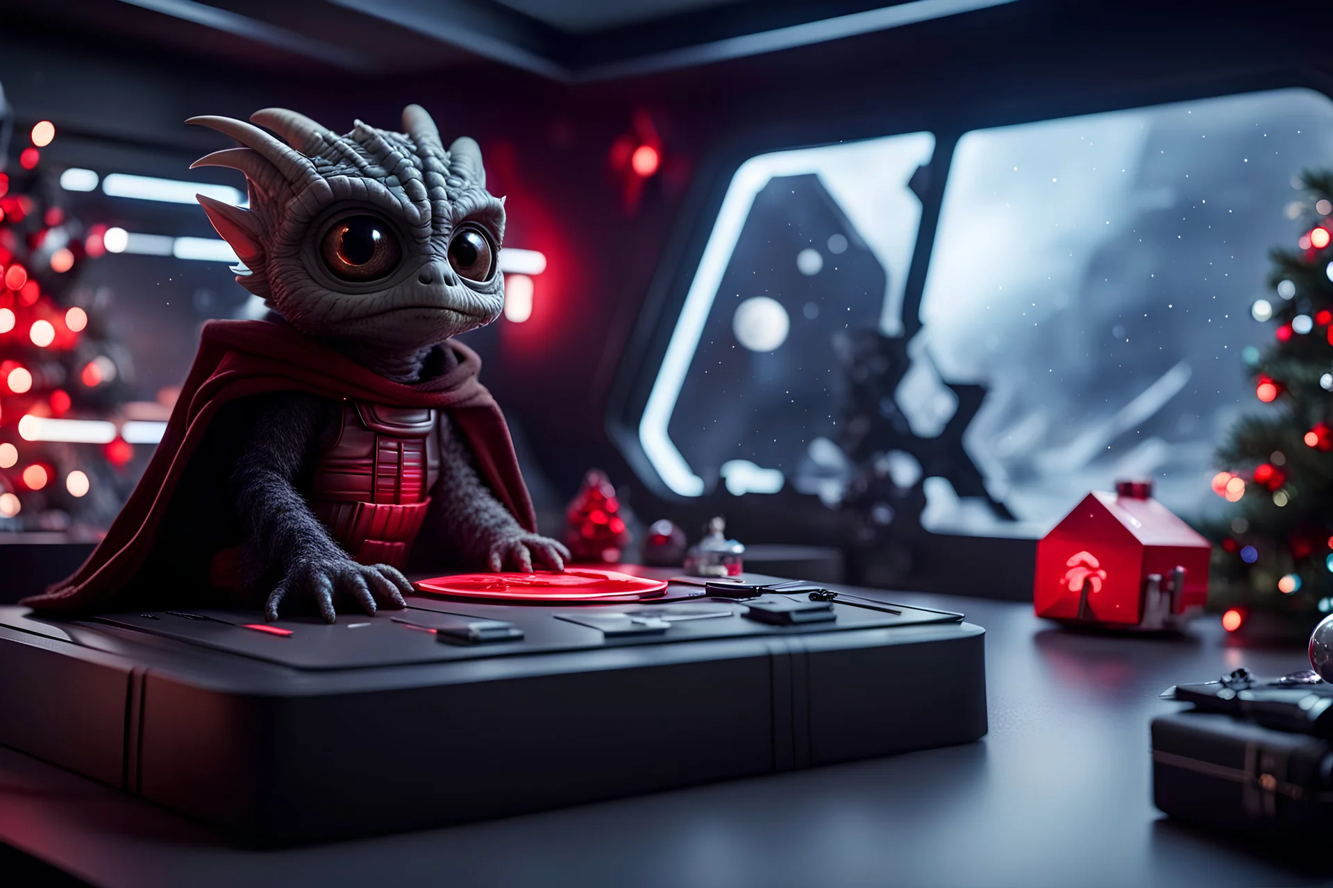 fluffy big eyed baby dragon sith lord in the command centre in second death star with view to a star wars planet, and christmas tree and sith gifts, cinematic eye view