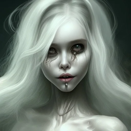 girl smiling,liquid guts, full body, creepy, horrifying, dreadful, sinister, smiling ghost, long white hair