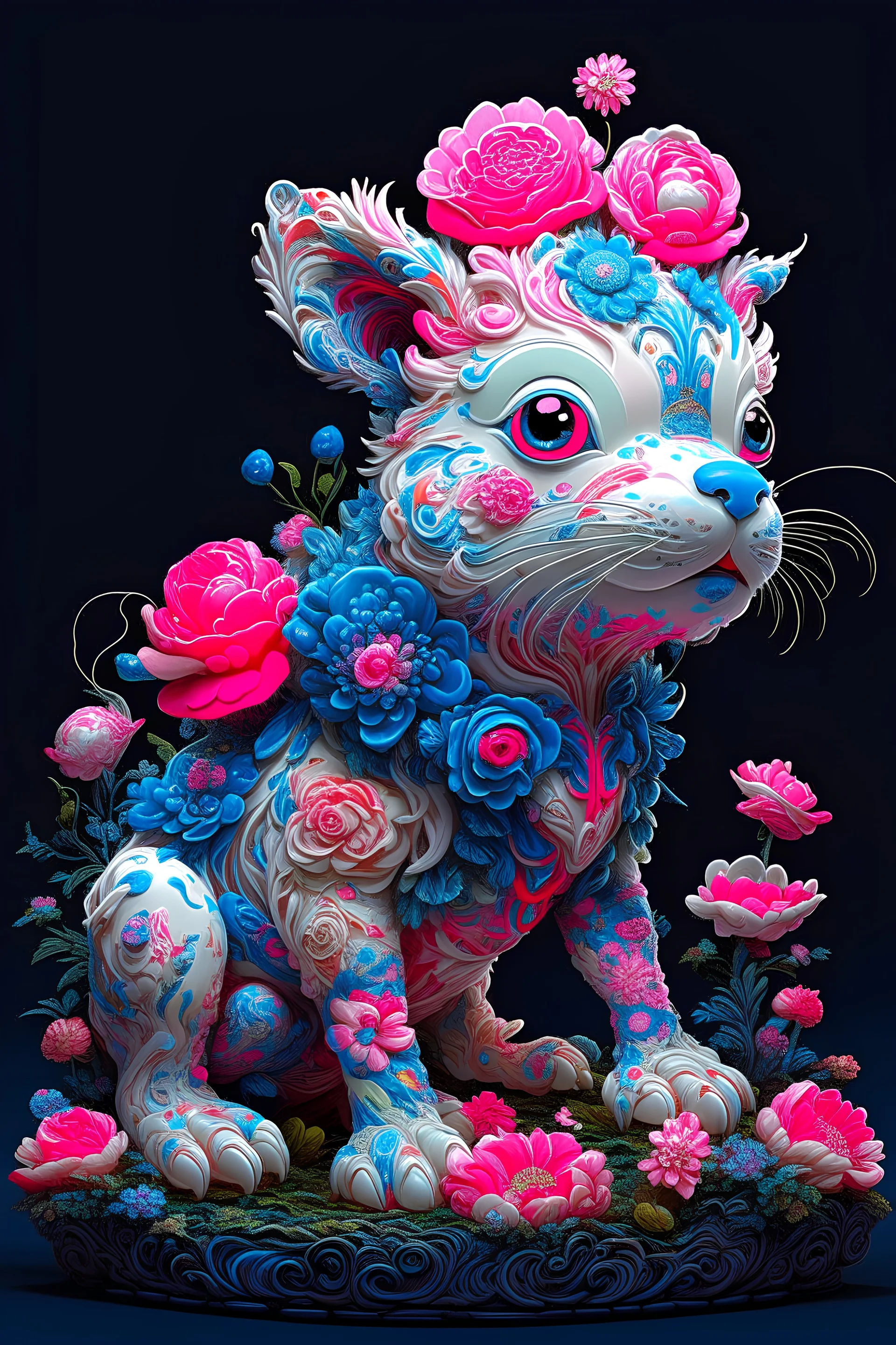 "Extremely Ultrarealistic Photorealistic cute creature holding a flower, by James Jean and Android Jones: Jeff Koons: Erin Hanson: Joe Fenton: Dan Mumford: professional photography, natural lighting, volumetric lighting maximalist photoillustration 8k resolution concept art intricately detailed, complex, elegant, expansive, fantastical:"