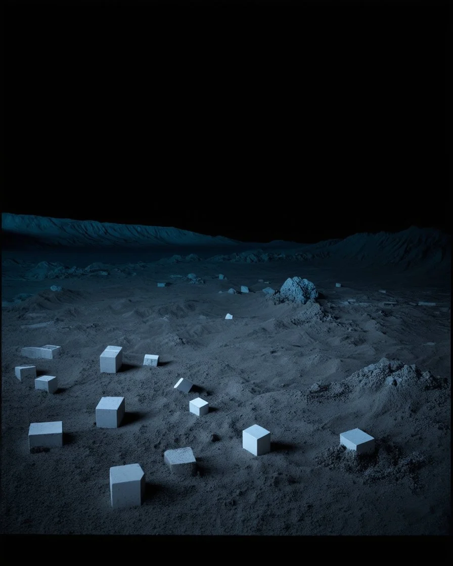 A photo of a dark, closed environment in a dark open space. There are white cubes scattered around the area. The surface below is sandy, with small accumulations of rocks. In the background, very sharp forms or structures are visible, some of which are white and blue and organic in appearance. The image has a glossy finish. The aspect ratio is 85:128 and the exposure value is 6.