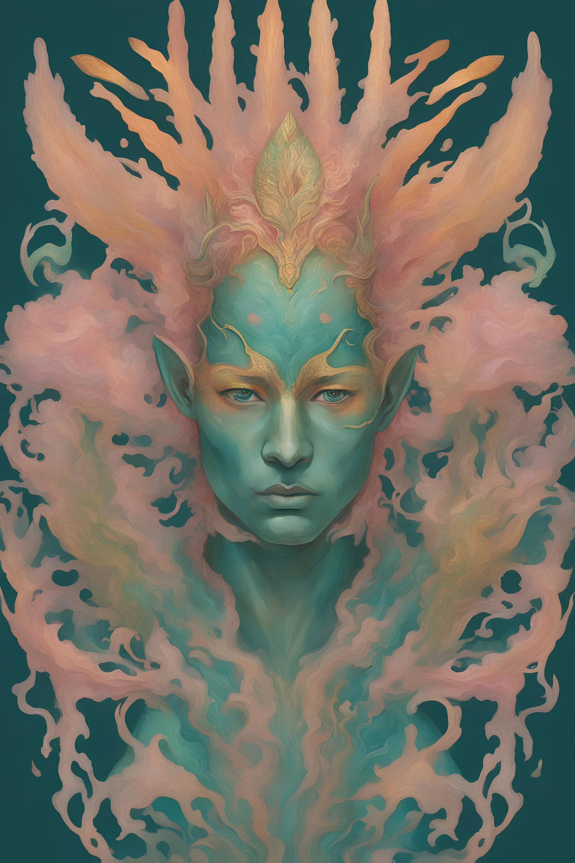 A fish-like man with orange and gold fins, pink coral coming out from his head like a crown, green flowing hair, teal skin, and dawning armor made by a goddess