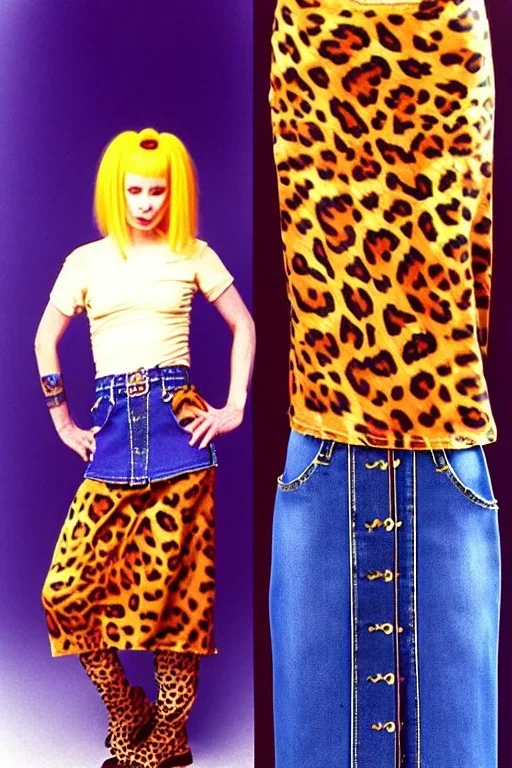 year 1996 denim fashion. Loose skirt, low waist. Combat pants and t-shirt. Colors: denim blue, blue, purple, cream, khaki, light green, lilac, plum, orange, terracotta, red, light yellow, pink, dark blue, beige. Latex in small part. Cheetah pattern. Gwen Stephani, Shirley Manson.Cargo pants