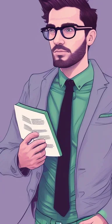 Fit man in round glasses with bookshelf in background, stubble,no beard, reading book, slim, tie, monotone, green eyes, comic book style, two tone colours, detailed, ink, realistic, handsome, square jaw, big brows, no jacket, bird on the shoulder, spotlight