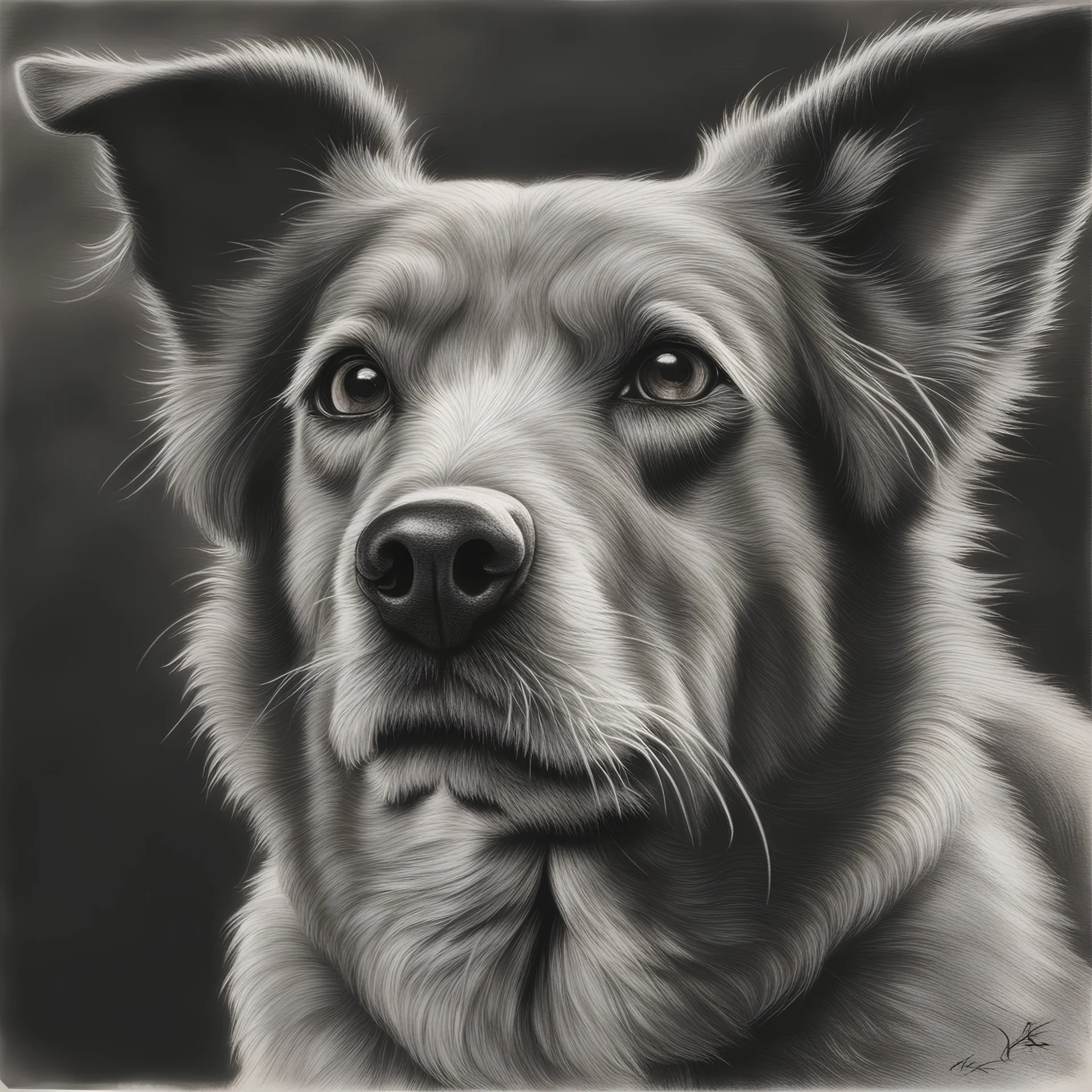 a single barking dog face, charcoal, detailed, realistic