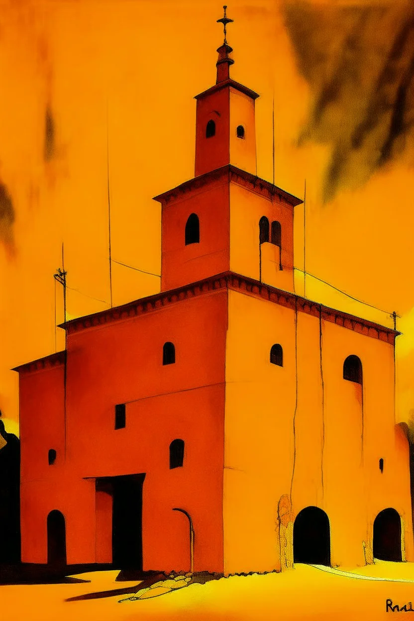 A yellowish orange colored electrical stronghold designed in Mayan architecture painted by Lyonel Charles Feininger