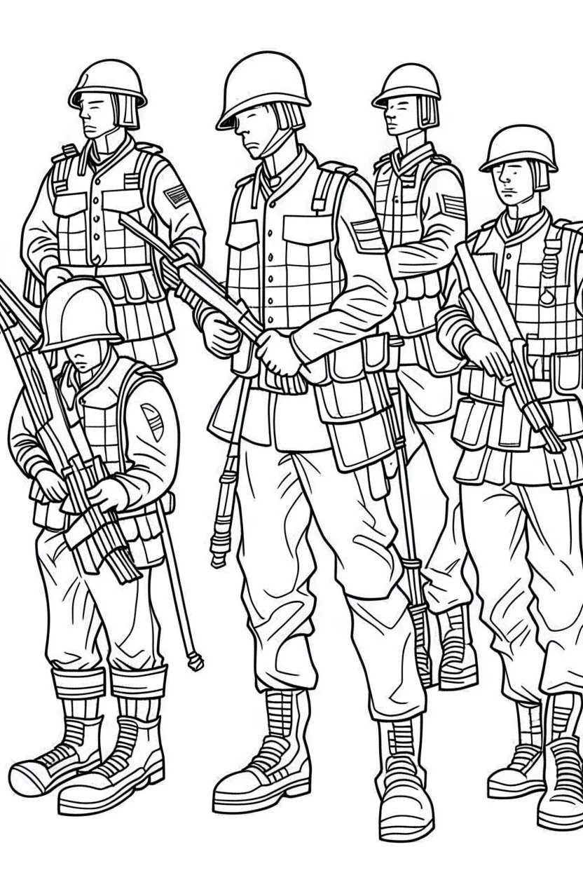 Outline art for coloring page OF A SET OF SMALL AMERICAN TOY ARMY SOLDIERS, coloring page, white background, Sketch style, only use outline, clean line art, white background, no shadows, no shading, no color, clear, looking down at the scene