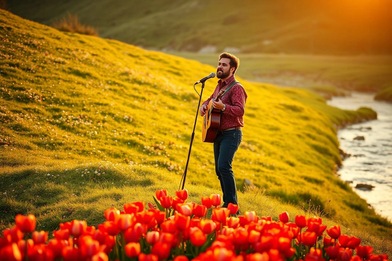 صحنه ای شاعرانه و نوستالژیک از رشید بهبودوف، خواننده افسانه ای آذربایجان، که با حالتی عاشقانه و ایستاده در حال اجرای ترانه محلی "لاله لر" است. او در دامنه کوهی سرسبز و پر از گل های وحشی و فرشی از لاله های سرخ رنگ ایستاده است. یک رودخانه زلال در نزدیکی او جریان دارد. نور طلایی غروب خورشید صحنه را گرم کرده است. سبک عکاسی رئال، کیفیت فوق العاده بالا، جزئیات دقیق در چهره و طبیعت.