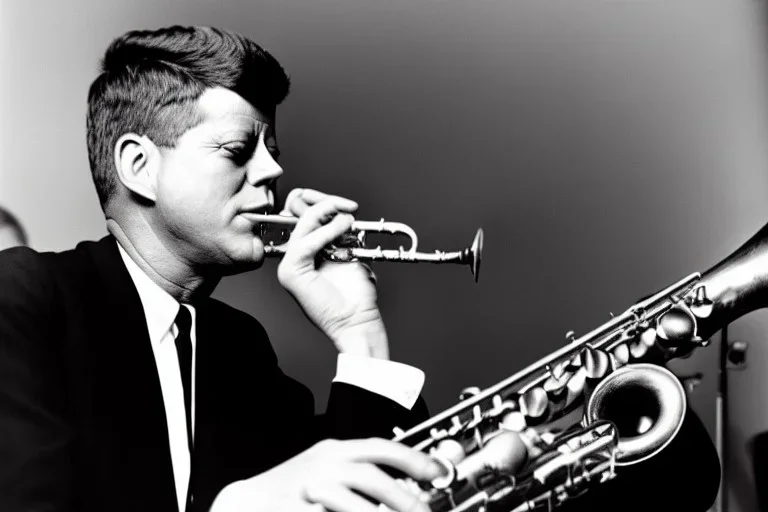 John f kennedy playing saxophone with his eyes closed