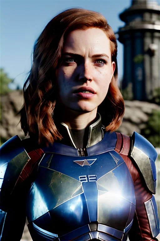 ultrarealistic, ruined city,__mass effect armor__, __angles__, 19 year old woman, strikingly beautiful, ginger hair, silver colour, [__starlets__|__starlets__], (pale __skincolor__ skin:1.2), __camera__, _hair_, detailed face and eyes, medium breasts, leather choker, freckles, dynamic pose, resolved expression, __accessory__, strappy outfit, (straps:1.1), sword in scabard on left hip, (buckles, buttons, snaps, rings:1.0), haltertop style breastplate, detailed eyes, plump lips, sci-fi theme