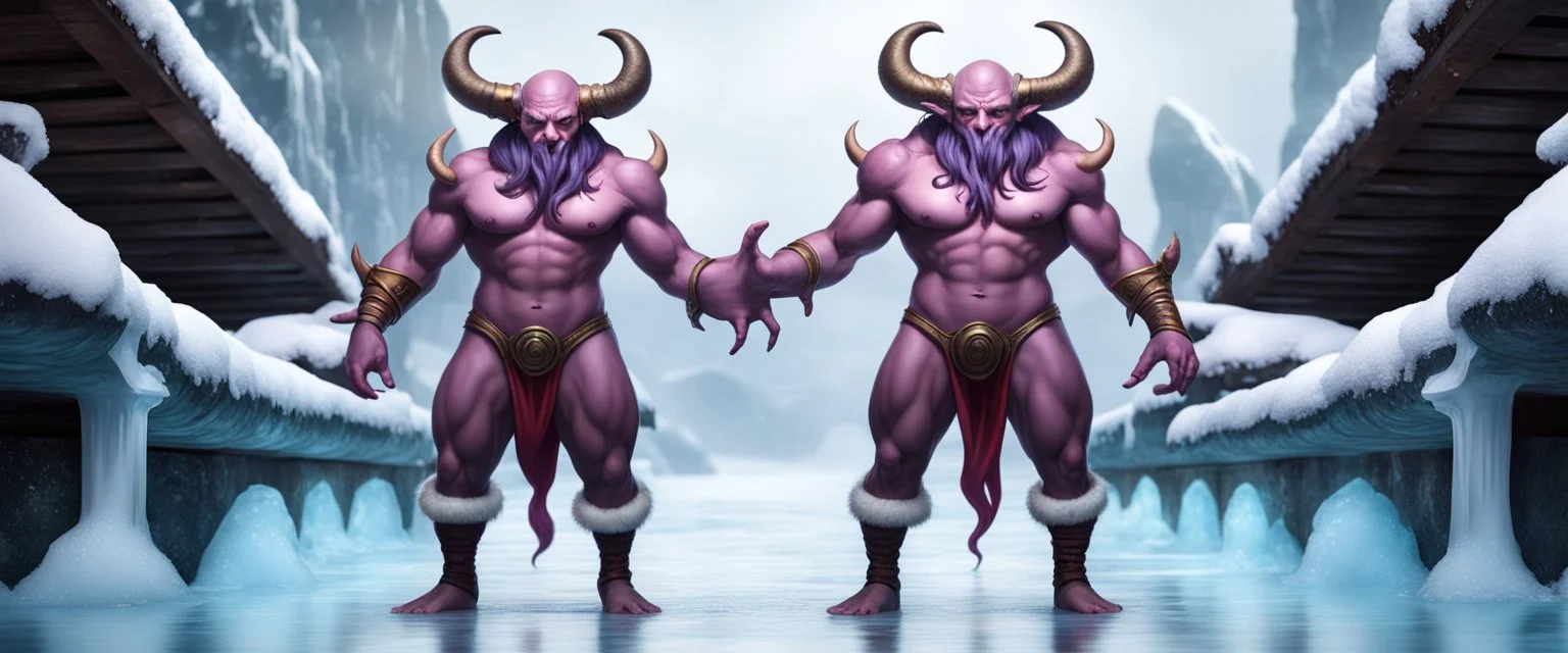 full body minotaur psionic master illithid santa baby in threatening pose in swimsuit on ice stone bridge, front and back,