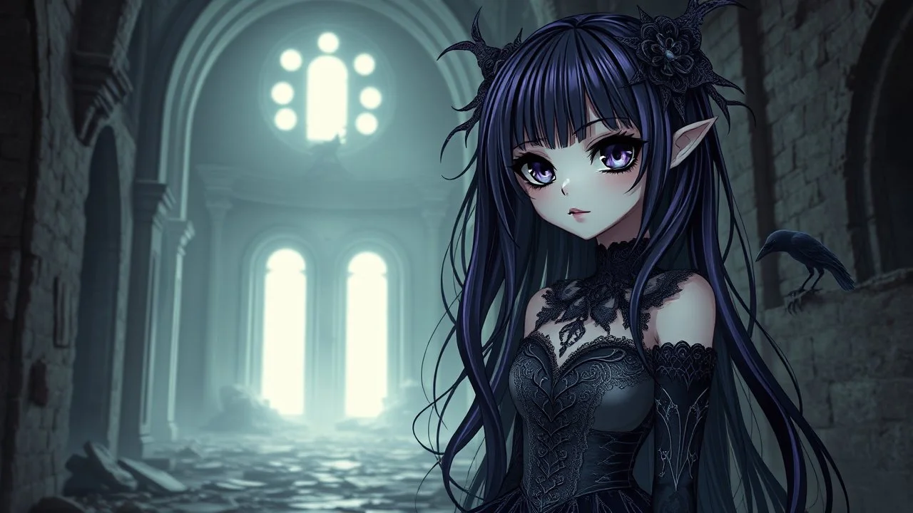 a dark fantasy anime character with large expressive dark eyes goth make up, dark-purple-black-silver color long hair that appears to flow like water. The surreal stunning character wearing a whimsical dress adorned with gothic patterns , silver lines, lacy, and standing in a surreal, nightmare haunted hall. ruins, random dark fantasy background, pale light, raven, spider on corner