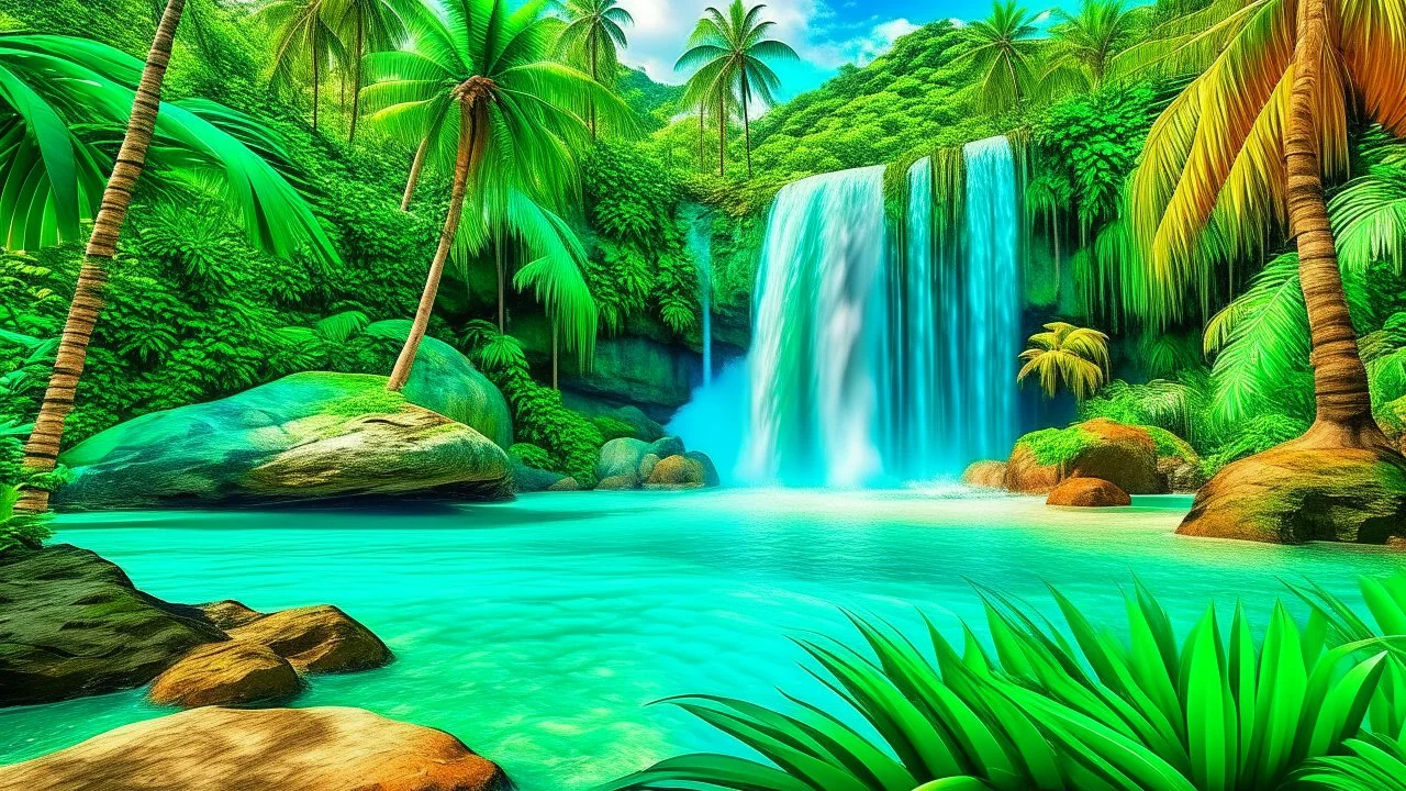 A lush tropical paradise awaits, with vibrant colors and exotic flora. Imagine a crystal clear waterfall cascading into a turquoise lagoon, surrounded by towering palm trees and white sandy beaches.