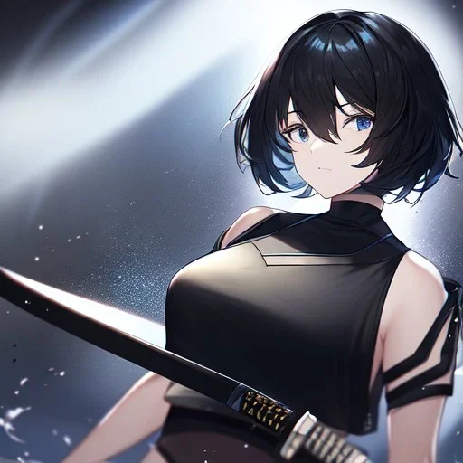 Clear focus,High resolution, black short fluffy hair, long fluffy bangs, and dark blue eyes, Depressed girl, wearing a black short shirt with a black sleeveless crop top, dark aura, controlling water, in a black room, holding a katana