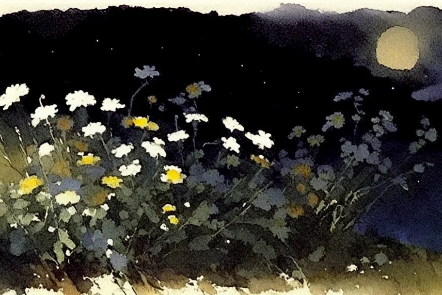 Landscape with night, mountains, flowers, rocks, winslow homer watercolor paintings