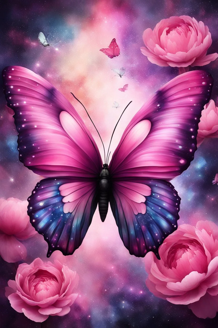 Experience a visually stunning butterfly, rendered in peony tones and complemented by a mesmerizing abstract universe that will leave you in awe