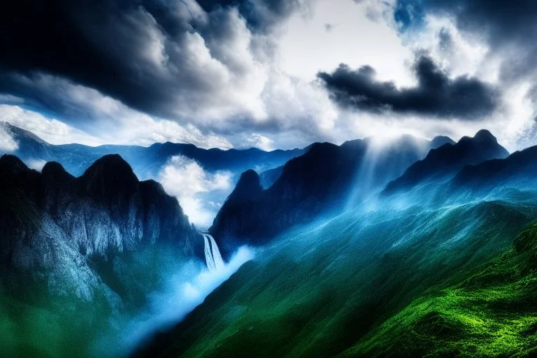 Epic cloud landscape, big epic mountains,waterfall, Ultra hd, 4k, Photography, hyperrealistic