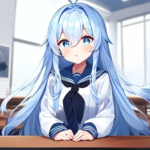 Clear focus, High resolution, long fluffy light blue hair, hair between eyes, long locks, wearing a sailor uniform, wearing a sailor skirt, long black socks, 1girl, cartoon, cute, UNFOTABLE studio