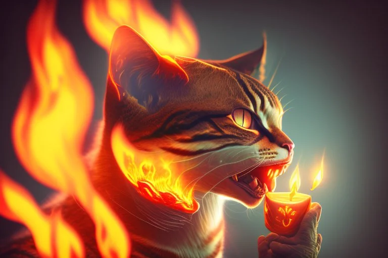 burning cat mouth in flamelight