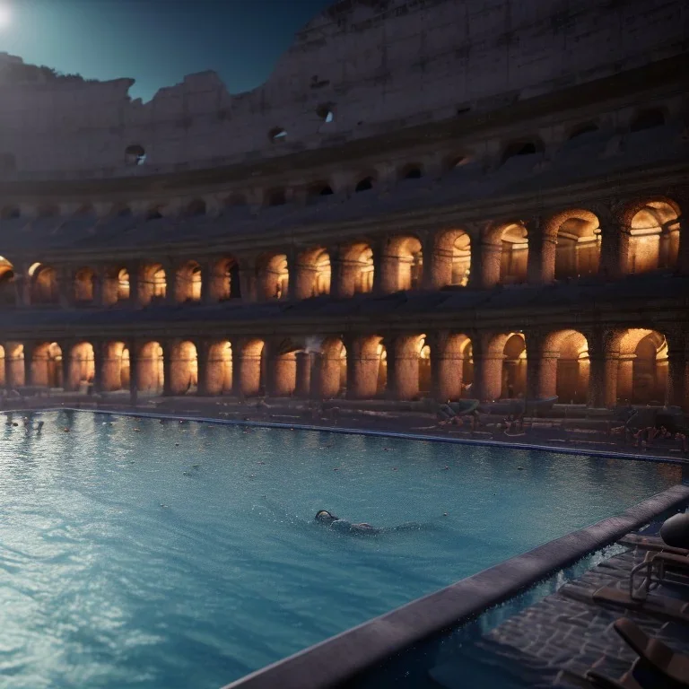 schwimmbad im kolloseum, menschenmenge, jubeln, epic, shiny, dust, 8k, extremly detailed, dark, sea, caesar, hamam, viel obst, relax,