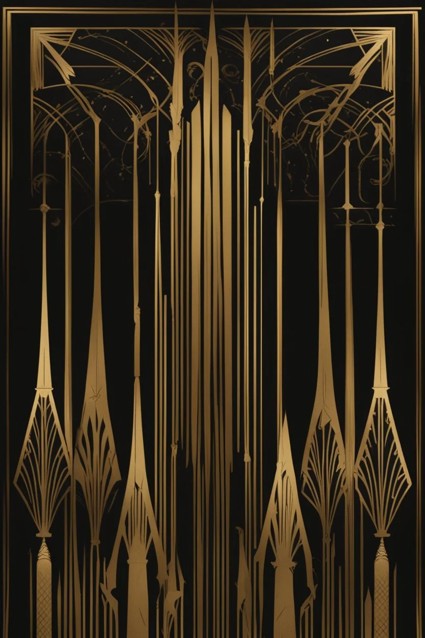 gold art deco border made of wands on a book cover, delicately designed on a black background