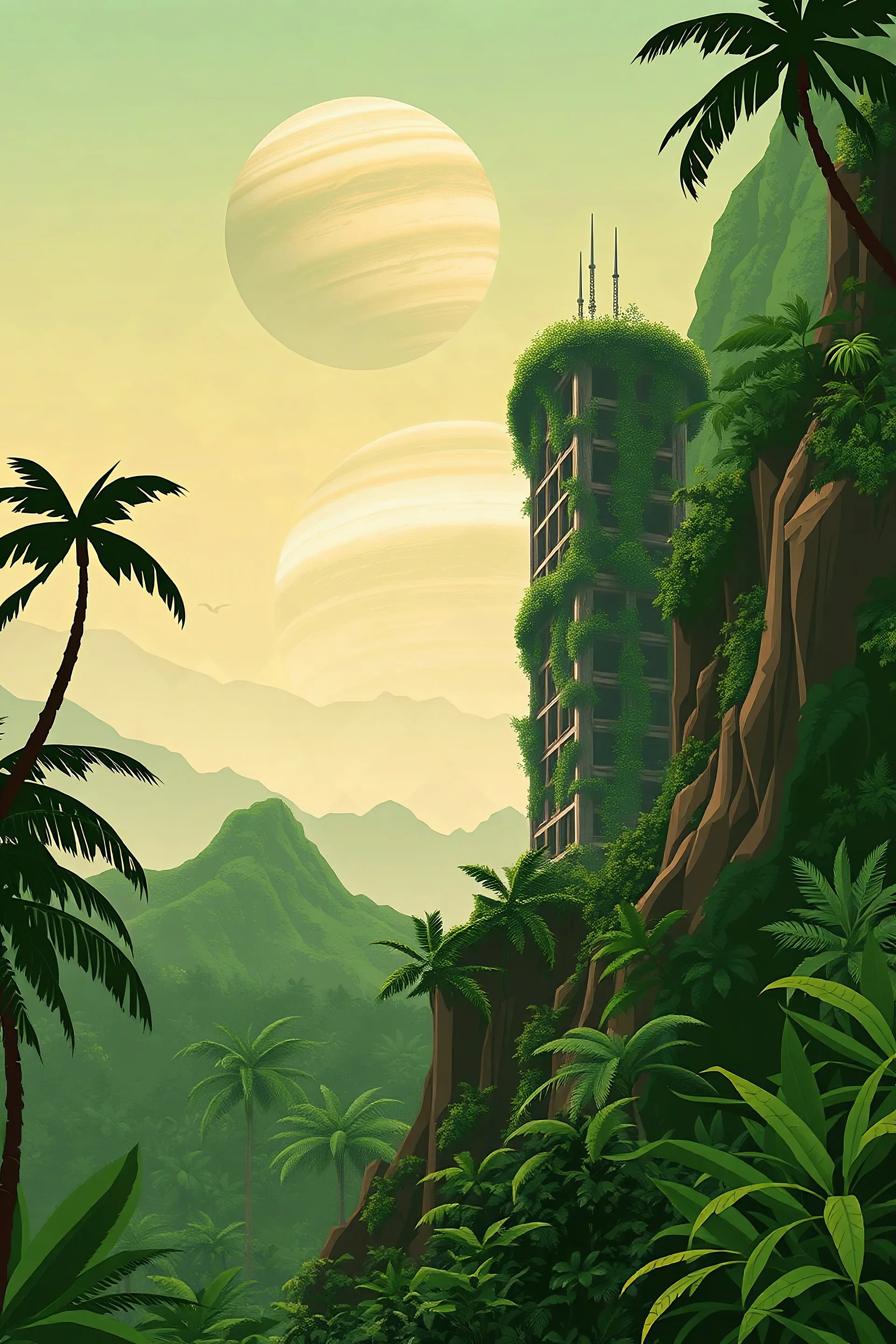 Vector safari jungle view from the side of a mountain with abandoned overgrown skyscrapers on Jupiter
