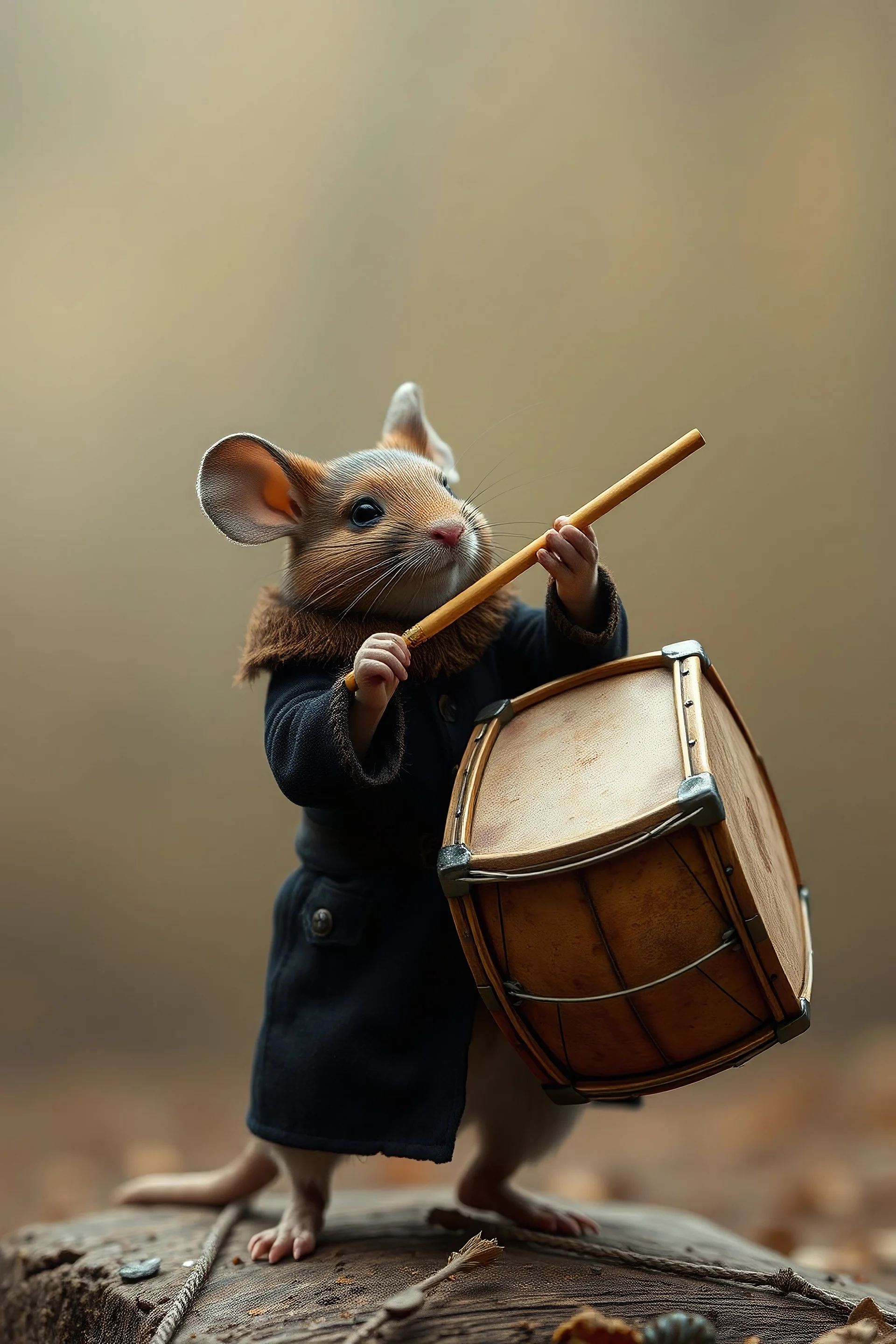 A mouse warring a black coat dressed brown coat, playing the Drum