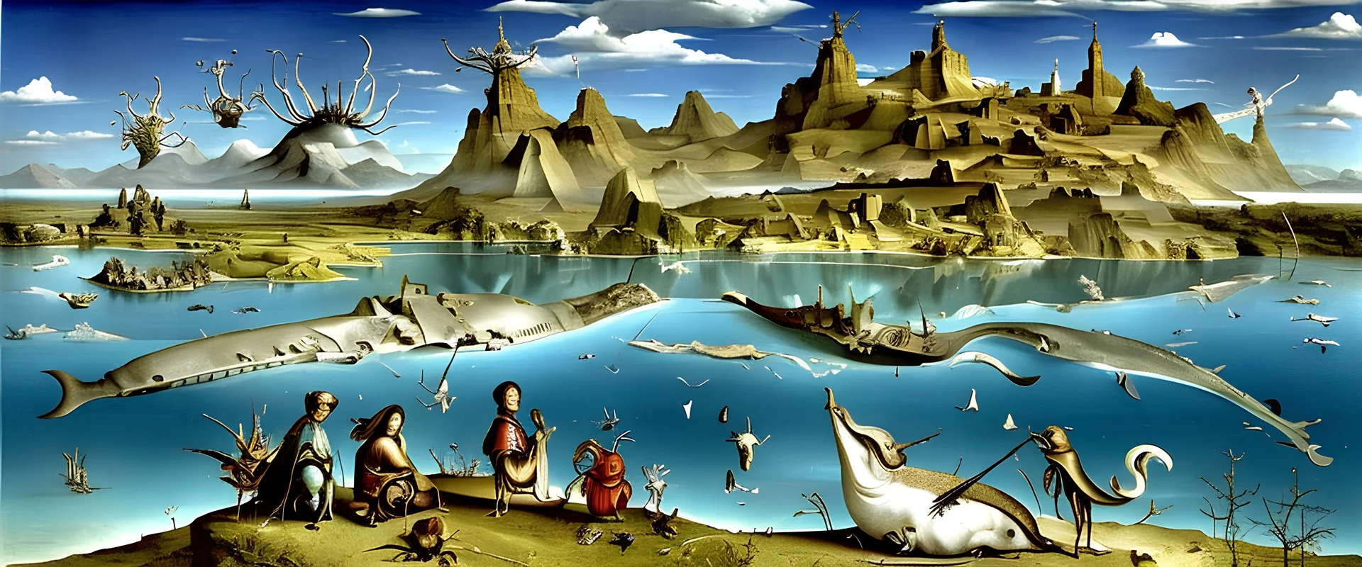 Salvador Dali and Hieronymus Bosch meeting each other at an outdoor surrealist market by a beautiful lake, a small flock of dream-like sky-whales swim high in the far distance, with smaller weird sky-fish floating above the heads of the people at the surreal outdoor summer scene with a patchwork quilt of fields and hedgerow, with strange vegetable creatures, intricate fractal sky, ultra high detail, photoreal, epic cinematic, 8K, Large depth of field