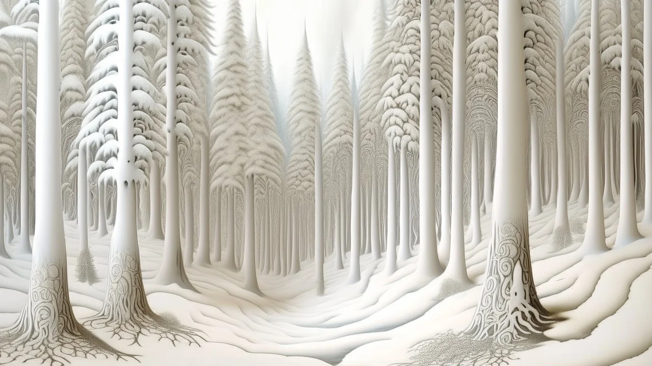 A white forest covered in fog designed in Mehndi design painted by Grant Wood