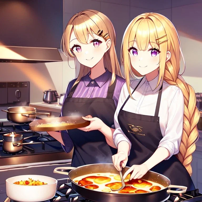 girl, masterpiece, best quality, volumetric lighting, detailed outfit, perfect eyes, golden hair, long hair, purple eyes, braided ponytail, smile, cooking, food, hairclip,