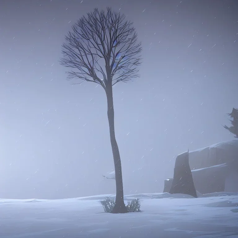 one lonely ginkgo tree at the end of the world, snow falling