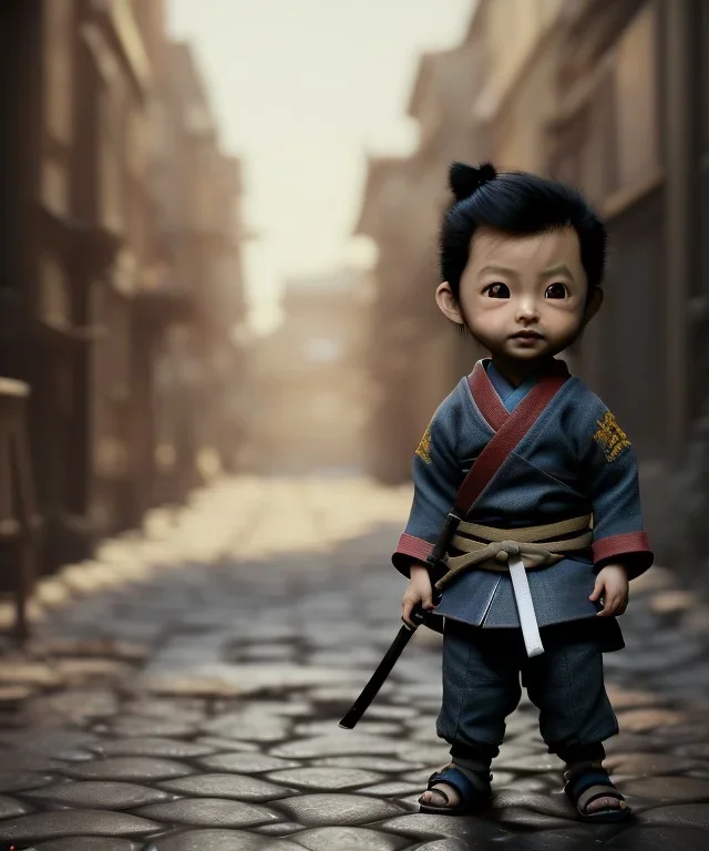 little boy samurai. shadows, Brent Weeks, Night Angel, cobblestone street alley, highly detailed, hyper-detailed, beautifully color-coded, insane details, intricate details, beautifully color graded, Cinematic, Color Grading, Editorial Photography, Depth of Field, DOF, Tilt Blur, White Balance, 32k, Super-Resolution, Megapixel, ProPhoto RGB, VR, Halfrear Lighting, Backlight, non photorealistic rendering