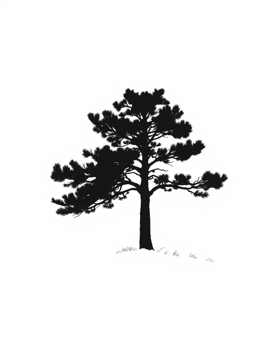 pine tree silhouette, black on white detailed