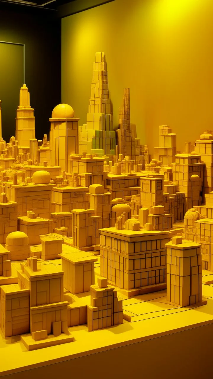 A golden yellow city made out of blocks designed in ancient Egyptian architectures and sculptures painted by Andy Warhol
