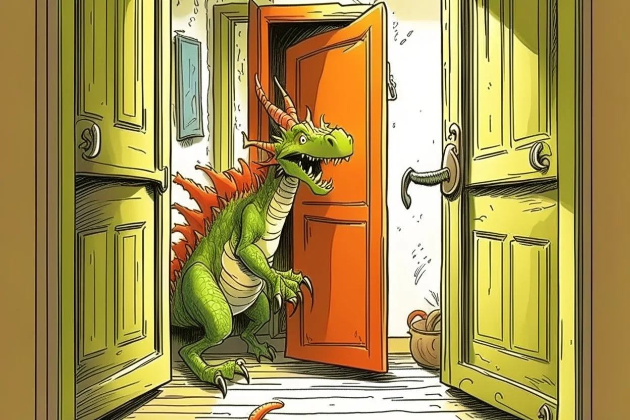 A good dragon knocks on the door of a child's room, realism photographic, graphic novel,