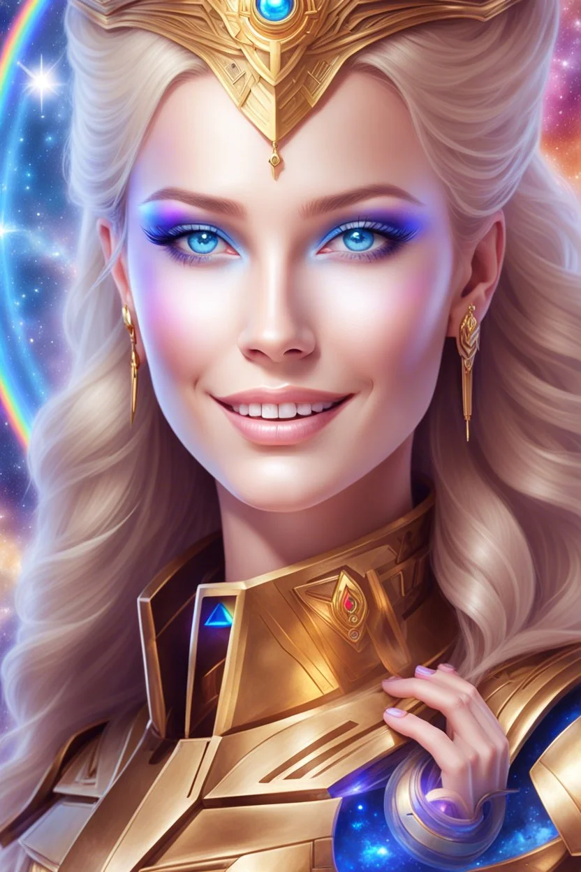 cosmic woman smile,galactic fédération, admiral from the future, one fine whole face, crystalline skin, expressive blue eyes,rainbow, smiling lips, very nice smile, costume pleiadian, Beautiful tall woman pleiadian Galactic commander, ship, perfect datailed golden galactic suit, high rank, long blond hair, hand whit five perfect detailed finger, amazing big blue eyes, smilling mouth, high drfinition lips, cosmic happiness, bright colors, blue, pink, gold, jewels, realist, high,rainbow commander,