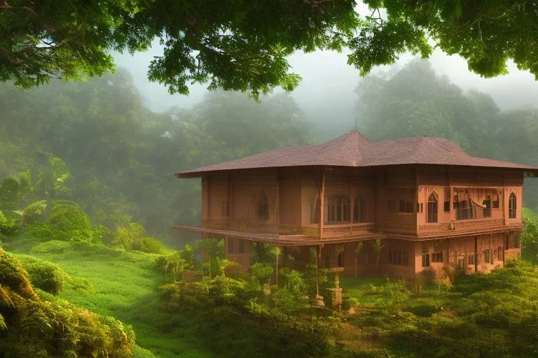 old Konkan house,in forest, lake, misty