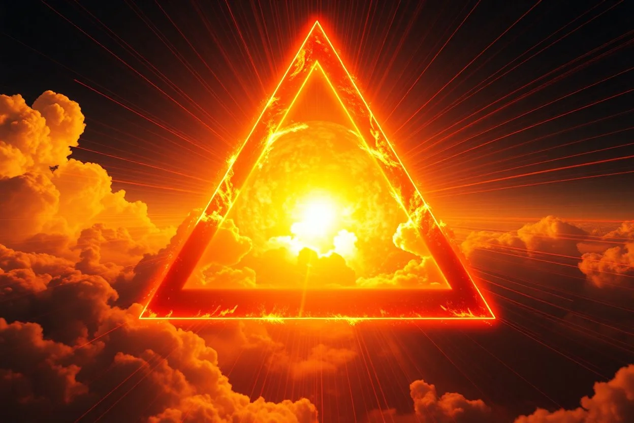 a nuclear explosion cloud, behind an orange glowing omega like shape, all inside an equilateral triangle opening, that is like a window to a different world, radiant lines, sci-fi fantastic