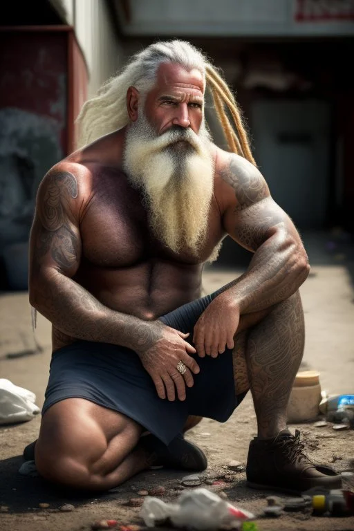 full figure shot frontal photography of a 58 year old dirty burly beefy gipsy carpenter wet sweat , tattoo, bullneck, long curly white beard , dreadlocks, manly chest, short white boxer, bulge, under the sun, sitting in the garbage outside an abandoned warehouse, misery and poverty, open legs, photorealistic, look at camera, very detailed , view from the ground , ambient occlusion