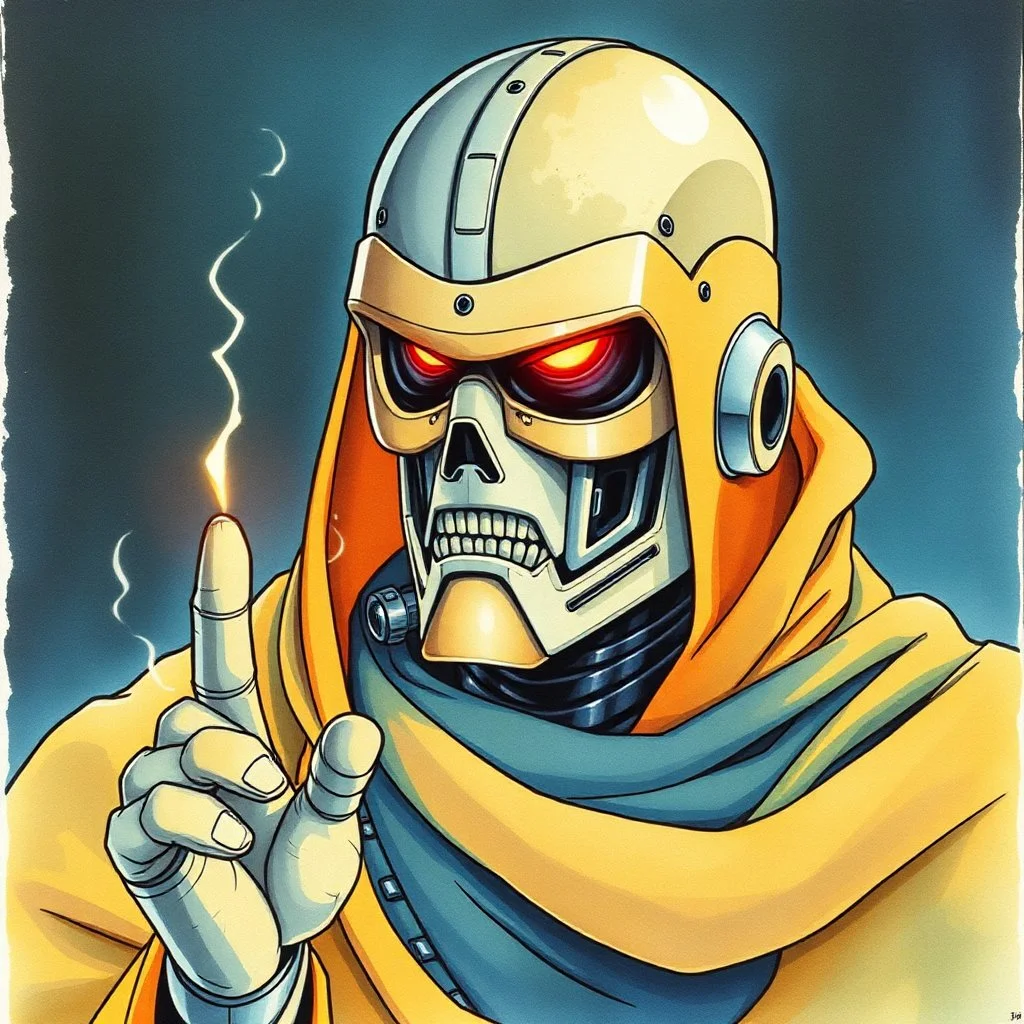retro anime style, full color, dark serious 1980s anime terminator like robot, moebius artist, magic, watercolor, buddist monk robe,