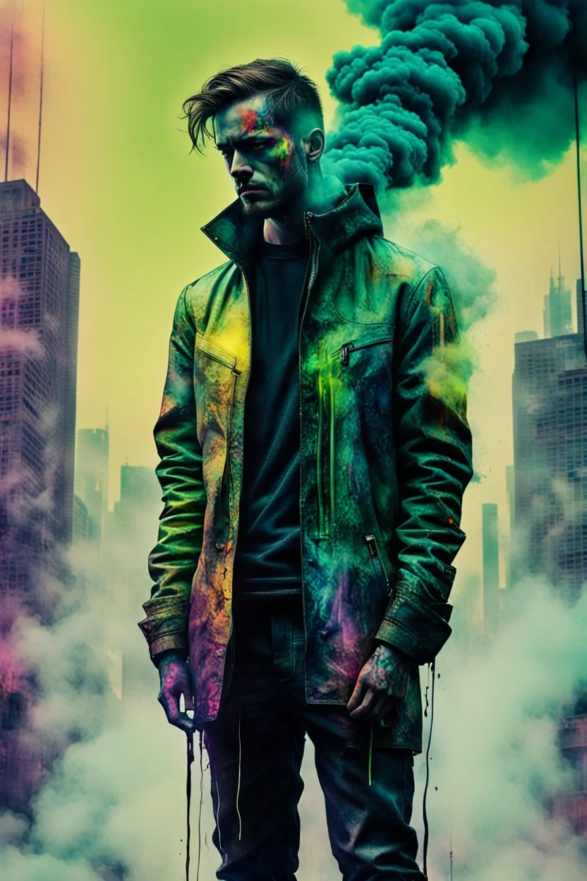 an impasto and tint line photo of a sad cyberpunk man standing in front of a city made of smoke, ink leak, bronze - skinned, (front view:1.6), geometric curves, featured art, philosophical splashes of colors, chartreuse influence, art brought to life, soul shock