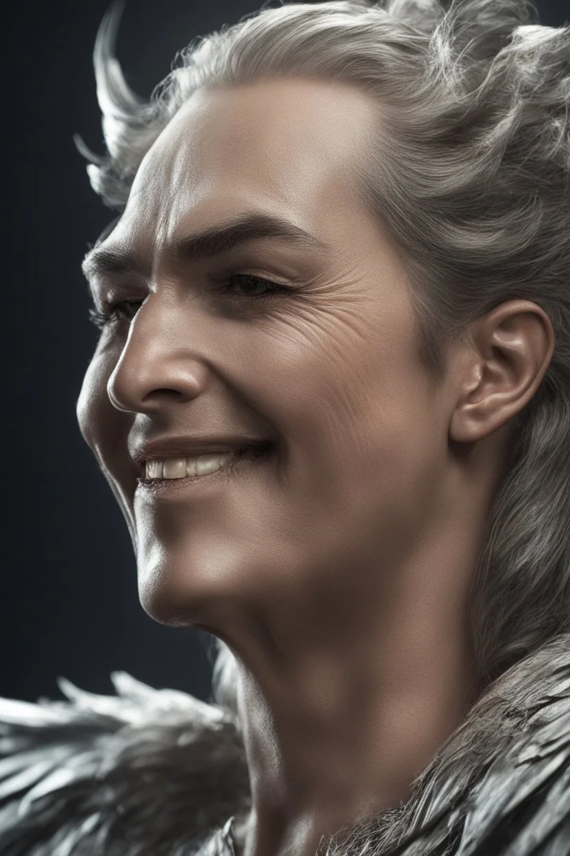 a very close up side profile image of an evil angel, smiling,8k quality, supper realistic