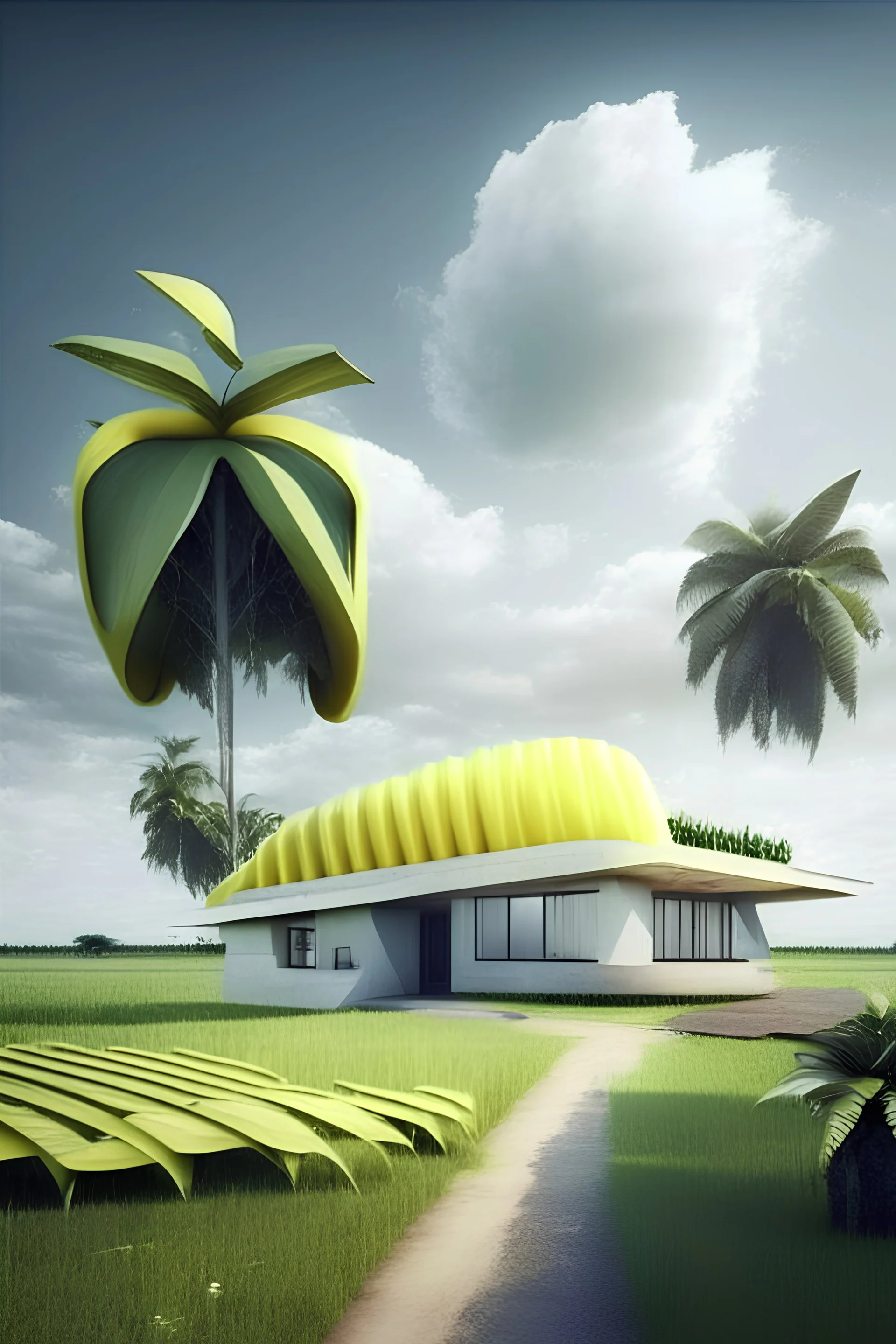 Modern Composite house with barrier and underroof with field with banana tree