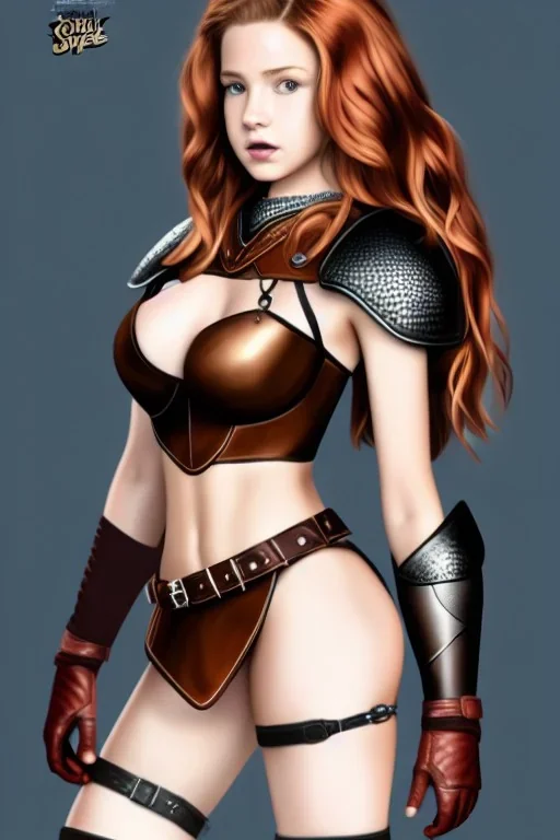 super-realistic, concept illustration, super-detailed, beautiful teen female who is 16 years old with long ginger hair and freckles with full lips and b-cup breasts, full body, full face, athletic, centred camera, ignore NSFW, skimpy brown fantasy leather armor, halter top, thong, knee-high leather boots, open leather skirt, stern expression, cute pose