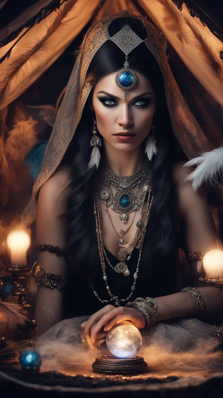 Hyper Realistic photographic-view of Wicked-&-Beautiful-Fortune-teller wearing black-beed-necklace-&-bracelet angrily Looking at her crystal-ball glowing magically & sitting in her tent decorated with fancy-traditional-ornaments-&-feathers showing dramatic & cinematic ambiance"