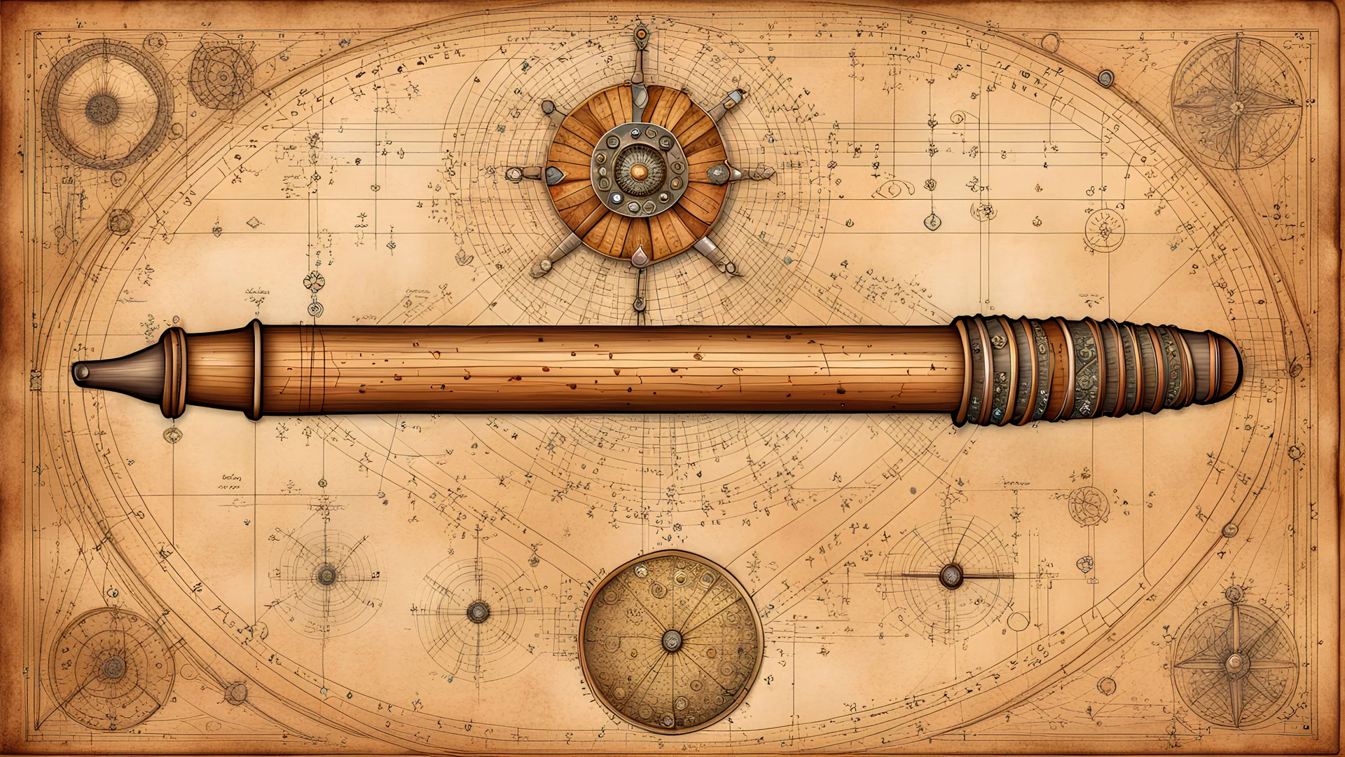 a ((detailed_Leonardo_da_Vinci_schematic_of_didgeridoo_drawn_on_jeweled_weathered_parchment_bold_lines_loose_lines)), Australian schematic background, overhead view, deep rich colors, (shiny glass jewels), ultra quality, ultra-detailed, 16k resolution, trending on Artstation, gorgeous and elegant, unique